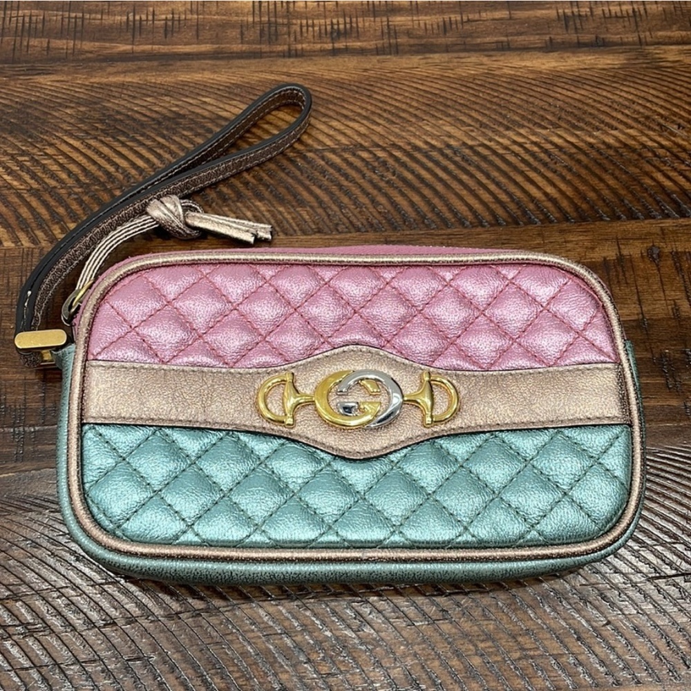 Gucci Trapuntata Laminated Quilted Pink and Green Leather Wristlet
